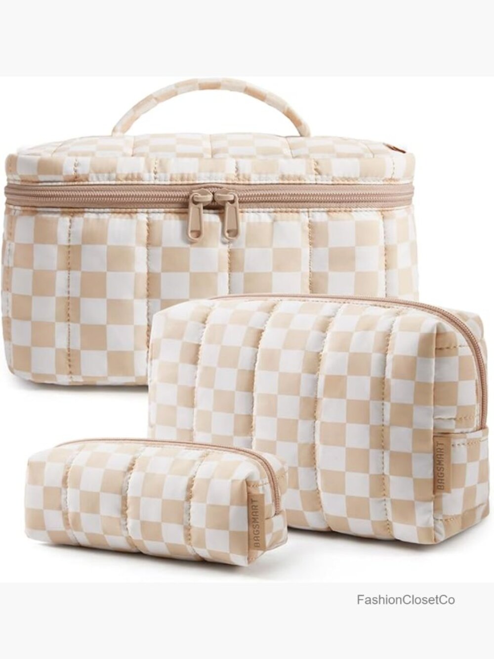 3 Piece Puffy Quilted Cosmetic Bag Set Large Toiletry Case Organizer